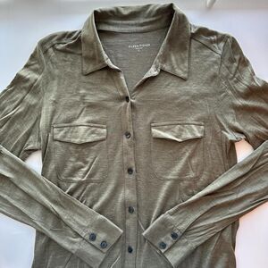 Eileen Fisher Khaki Green Button-Down Silk Blend Jersey Top. Elevated Basic.